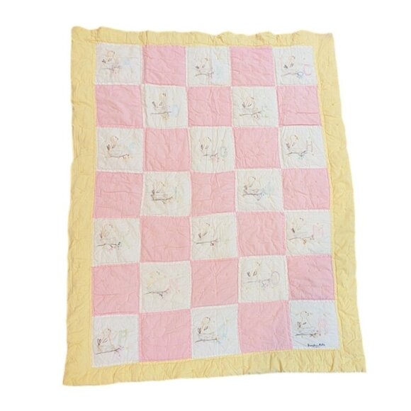 Handmade Quilt Embroidered Alphabet Birds Knots Yellow Pink 45x58 Baby Blanket - Picture 2 of 8